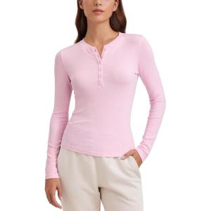 CRZ YOGA Ribbed Modal Henley Shirts for Women – Comfort Casual Knit Long Sleeve Tops Soft Stretchy Basic Fitted Layering(Pink Peony)
