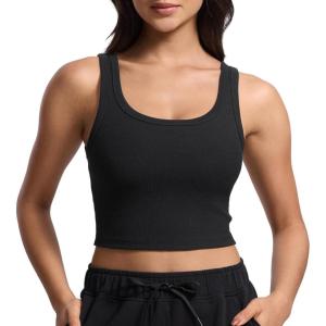 CRZ YOGA Ribbed Scoop Neck Crop Tank Tops for Women – Padded Longline Sports Bras Yoga Workout Cami(Black)