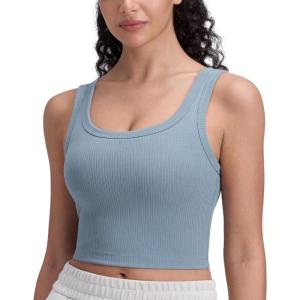 CRZ YOGA Ribbed Scoop Neck Crop Tank Tops for Women – Padded Longline Sports Bras Yoga Workout Cami(Cambric Blue)