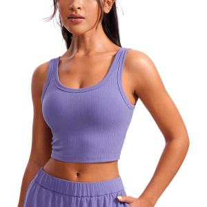 CRZ YOGA Ribbed Scoop Neck Crop Tank Tops for Women – Padded Longline Sports Bras Yoga Workout Cami(Dark Lavender Purple)
