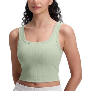 CRZ YOGA Ribbed Scoop Neck Crop Tank Tops for Women – Padded Longline Sports Bras Yoga Workout Cami(Fog Green)