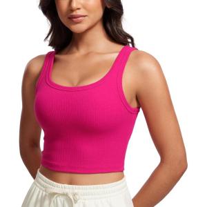 CRZ YOGA Ribbed Scoop Neck Crop Tank Tops for Women – Padded Longline Sports Bras Yoga Workout Cami(Granita Pink)
