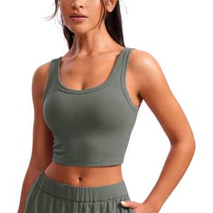 CRZ YOGA Ribbed Scoop Neck Crop Tank Tops for Women – Padded Longline Sports Bras Yoga Workout Cami(Grey Sage)