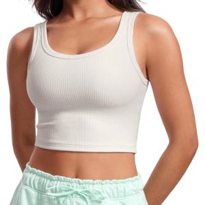 CRZ YOGA Ribbed Scoop Neck Crop Tank Tops for Women – Padded Longline Sports Bras Yoga Workout Cami(Milky White (Bone))