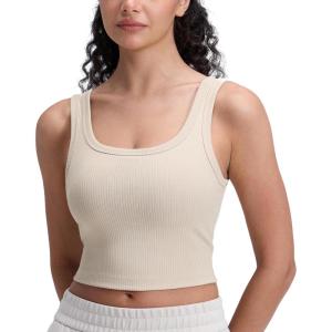 CRZ YOGA Ribbed Scoop Neck Crop Tank Tops for Women – Padded Longline Sports Bras Yoga Workout Cami(Mojave Tan)