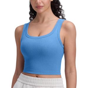CRZ YOGA Ribbed Scoop Neck Crop Tank Tops for Women – Padded Longline Sports Bras Yoga Workout Cami(Party Blue)