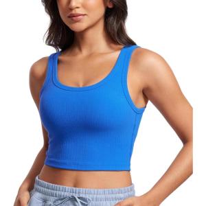 CRZ YOGA Ribbed Scoop Neck Crop Tank Tops for Women – Padded Longline Sports Bras Yoga Workout Cami(Sparkle Blue)