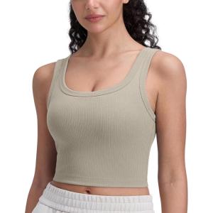 CRZ YOGA Ribbed Scoop Neck Crop Tank Tops for Women – Padded Longline Sports Bras Yoga Workout Cami(Warm Ash Grey)