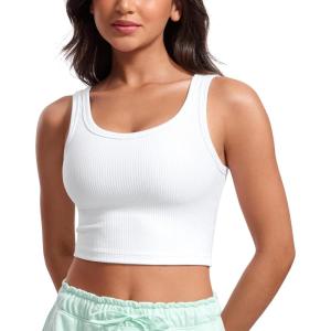 CRZ YOGA Ribbed Scoop Neck Crop Tank Tops for Women – Padded Longline Sports Bras Yoga Workout Cami(White)