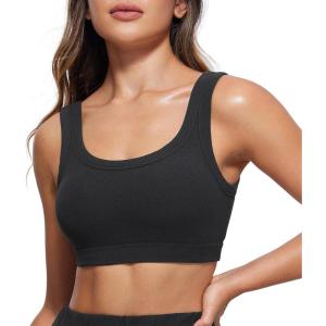 CRZ YOGA Ribbed Sports Bras for Women – U Back Wireless Medium Impact Padded Yoga Workout Cami(Black)