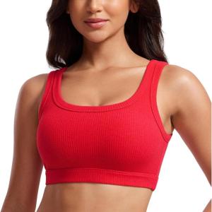 CRZ YOGA Ribbed Sports Bras for Women – U Back Wireless Medium Impact Padded Yoga Workout Cami(Deep Red)