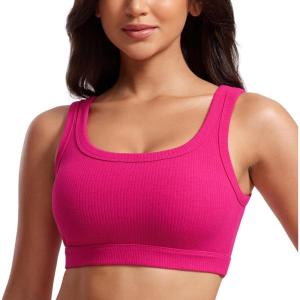 CRZ YOGA Ribbed Sports Bras for Women – U Back Wireless Medium Impact Padded Yoga Workout Cami(Granita Pink)