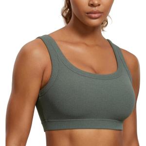 CRZ YOGA Ribbed Sports Bras for Women – U Back Wireless Medium Impact Padded Yoga Workout Cami(Grey Sage)