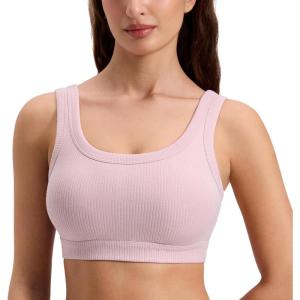 CRZ YOGA Ribbed Sports Bras for Women – U Back Wireless Medium Impact Padded Yoga Workout Cami(Pink Haze)