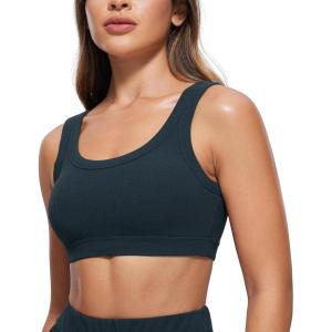 CRZ YOGA Ribbed Sports Bras for Women – U Back Wireless Medium Impact Padded Yoga Workout Cami(True Navy)