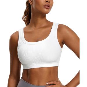 CRZ YOGA Ribbed Sports Bras for Women – U Back Wireless Medium Impact Padded Yoga Workout Cami(White)
