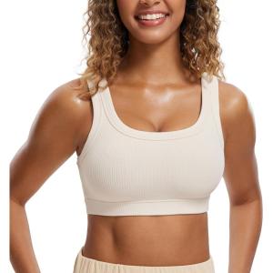CRZ YOGA Ribbed Sports Bras for Women – U Back Wireless Medium Impact Padded Yoga Workout Cami(White Apricot)