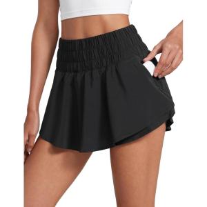 CRZ YOGA Ruffle Skirt Overlay Athletic Shorts for Women – High Waisted Flowy for Workout Running Tennis with Zip Pocket(Black)