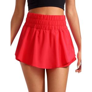 CRZ YOGA Ruffle Skirt Overlay Athletic Shorts for Women – High Waisted Flowy for Workout Running Tennis with Zip Pocket(Deep Red)