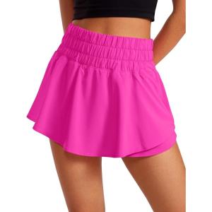 CRZ YOGA Ruffle Skirt Overlay Athletic Shorts for Women – High Waisted Flowy for Workout Running Tennis with Zip Pocket(Hibiscus Purple)