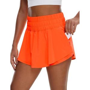 CRZ YOGA Ruffle Skirt Overlay Athletic Shorts for Women – High Waisted Flowy for Workout Running Tennis with Zip Pocket(Neon Orange)