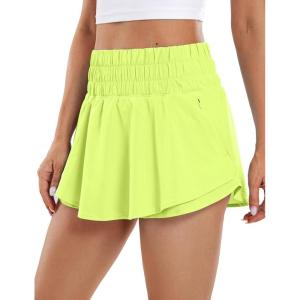 CRZ YOGA Ruffle Skirt Overlay Athletic Shorts for Women – High Waisted Flowy for Workout Running Tennis with Zip Pocket(Neon Yellow)