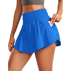 CRZ YOGA Ruffle Skirt Overlay Athletic Shorts for Women – High Waisted Flowy for Workout Running Tennis with Zip Pocket(Sparkle Blue)