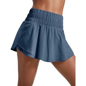 CRZ YOGA Ruffle Skirt Overlay Athletic Shorts for Women – High Waisted Flowy for Workout Running Tennis with Zip Pocket(Stelindigo)