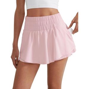 CRZ YOGA Ruffle Skirt Overlay Athletic Shorts for Women – High Waisted Flowy for Workout Running Tennis with Zip Pocket(Strawberry Pink)