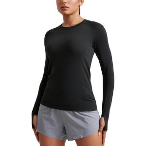 CRZ YOGA Seamless Long Sleeve Shirts for Women Hip – Workout Athletic Running Gym Yoga Tops Breathable Crew Neck T-Shirt(Black)