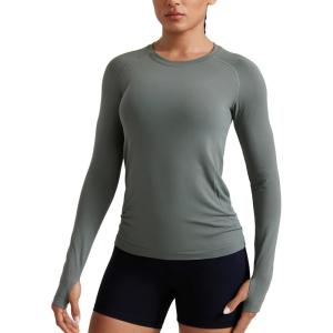 CRZ YOGA Seamless Long Sleeve Shirts for Women Hip – Workout Athletic Running Gym Yoga Tops Breathable Crew Neck T-Shirt(Grey Sage)