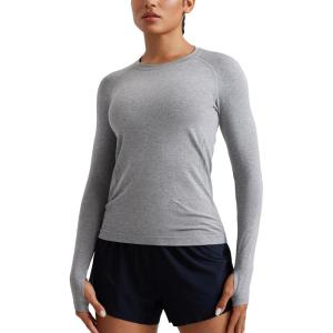 CRZ YOGA Seamless Long Sleeve Shirts for Women Hip – Workout Athletic Running Gym Yoga Tops Breathable Crew Neck T-Shirt(Slate Grey Marl)