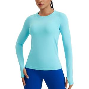 CRZ YOGA Seamless Long Sleeve Shirts for Women Hip – Workout Athletic Running Gym Yoga Tops Breathable Crew Neck T-Shirt(Turquoise)