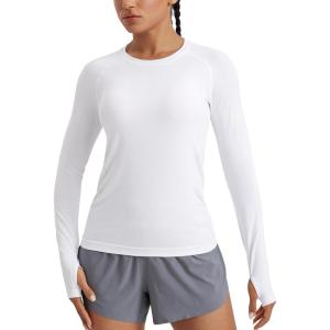 CRZ YOGA Seamless Long Sleeve Shirts for Women Hip – Workout Athletic Running Gym Yoga Tops Breathable Crew Neck T-Shirt(White)