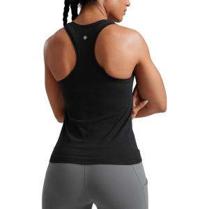 CRZ YOGA Seamless Racerback Tank Tops for Women – Gym Workout Athletic Running Sleeveless Shirts Breathable Scoop Neck(Black)