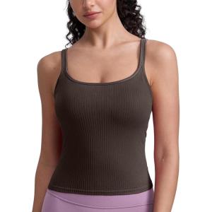 CRZ YOGA Seamless Womens U Neck Longline Sports Bra – Thin Strap Padded Workout Crop Tank Ribbed Open Back Yoga Camisole Top(Hot Fudge Brown)