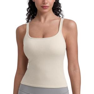 CRZ YOGA Seamless Womens U Neck Longline Sports Bra – Thin Strap Padded Workout Crop Tank Ribbed Open Back Yoga Camisole Top(Mojave Tan)