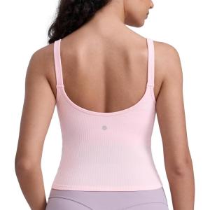 CRZ YOGA Seamless Womens U Neck Longline Sports Bra – Thin Strap Padded Workout Crop Tank Ribbed Open Back Yoga Camisole Top(Strawberry Pink)