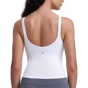 CRZ YOGA Seamless Womens U Neck Longline Sports Bra – Thin Strap Padded Workout Crop Tank Ribbed Open Back Yoga Camisole Top(White)