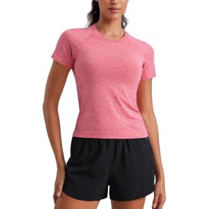 CRZ YOGA Seamless Workout Tops for Women Waist – Running Gym Athletic Yoga Short Sleeve Shirts Breathable Basic Crewneck(Deep Red Heather)