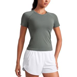 CRZ YOGA Seamless Workout Tops for Women Waist – Running Gym Athletic Yoga Short Sleeve Shirts Breathable Basic Crewneck(Grey Sage)
