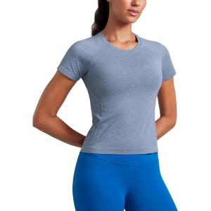 CRZ YOGA Seamless Workout Tops for Women Waist – Running Gym Athletic Yoga Short Sleeve Shirts Breathable Basic Crewneck(Oasis Blue Heather)