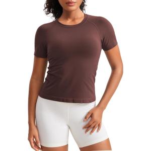 CRZ YOGA Seamless Workout Tops for Women Waist – Running Gym Athletic Yoga Short Sleeve Shirts Breathable Basic Crewneck(Taupe)