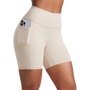 CRZ YOGA Secretsculpt Butterlift Biker Shorts Pockets 5” – No Front Seam Womens High Waist Workout Booty Scrunch Butt(Mojave Tan)