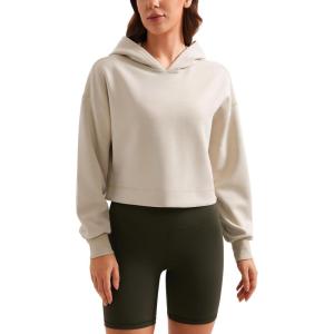 CRZ YOGA SoftAura Cropped Hoodies for Women – Long Sleeve Pullover Basic Workout Casual Hooded Sweatshirts(Mojave Tan)