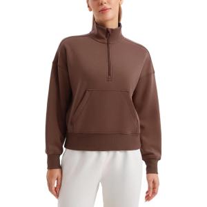 CRZ YOGA SoftAura Half Zip Sweatshirt for Women – Pullover Workout Casual Funnel Neck Sweat Shirts with Pocket(Coffee Brown)