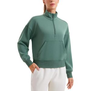 CRZ YOGA SoftAura Half Zip Sweatshirt for Women – Pullover Workout Casual Funnel Neck Sweat Shirts with Pocket(Dark Forest Green)