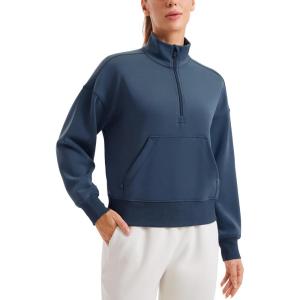 CRZ YOGA SoftAura Half Zip Sweatshirt for Women – Pullover Workout Casual Funnel Neck Sweat Shirts with Pocket(Ink Blue)