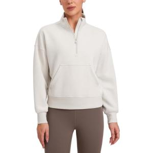 CRZ YOGA SoftAura Half Zip Sweatshirt for Women – Pullover Workout Casual Funnel Neck Sweat Shirts with Pocket(Milky White (Bone))