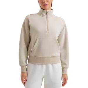 CRZ YOGA SoftAura Half Zip Sweatshirt for Women – Pullover Workout Casual Funnel Neck Sweat Shirts with Pocket(Mojave Tan)